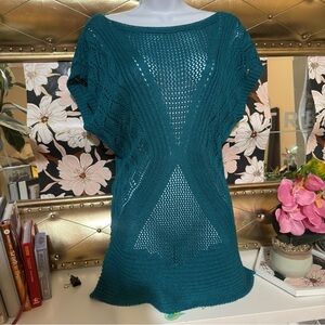 Small 80s 90s  Crochet Knit  Top Women’s Vintage Minimal Soft Teal Blouse